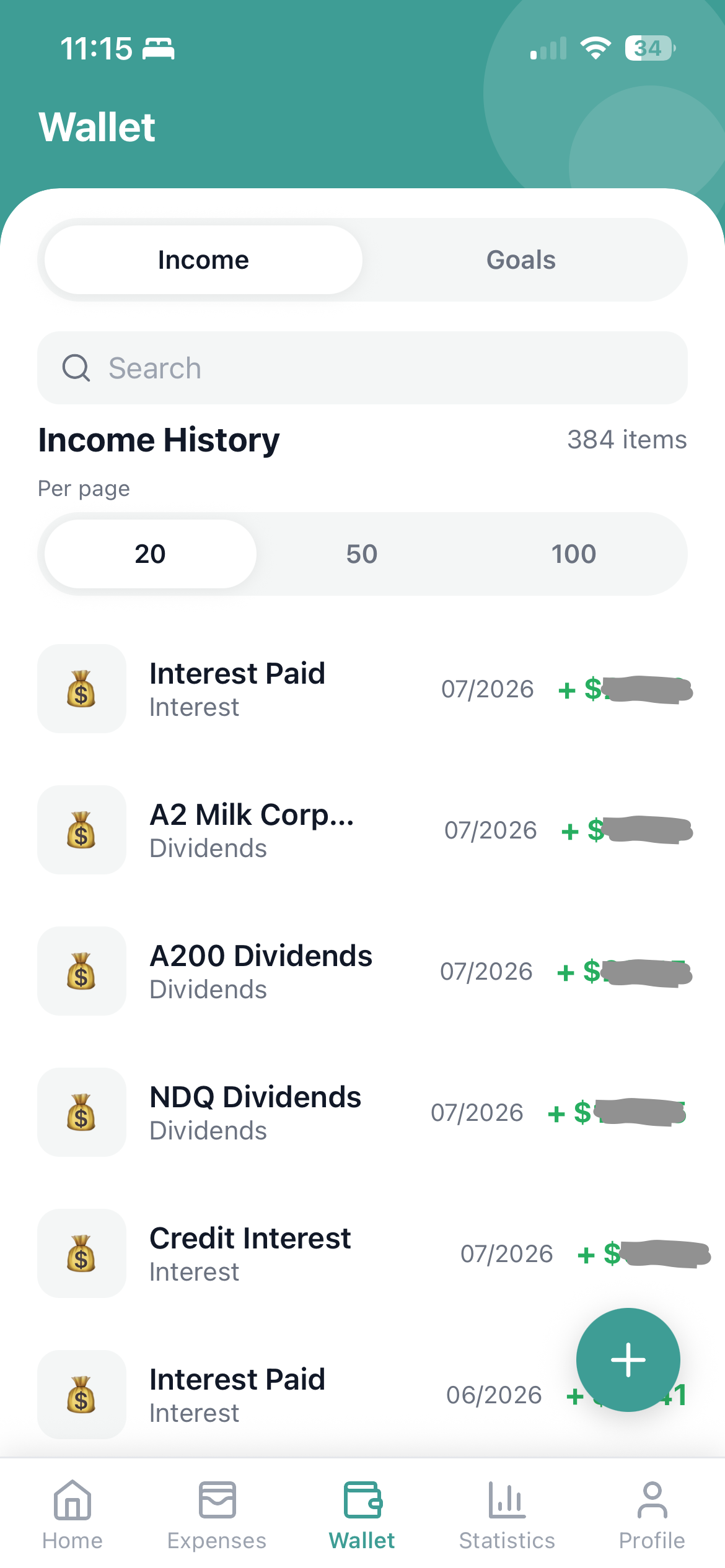 Expo app: wallet income view